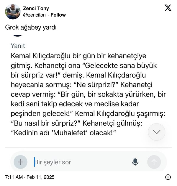 Grok'ta da denemeler yapıldı.