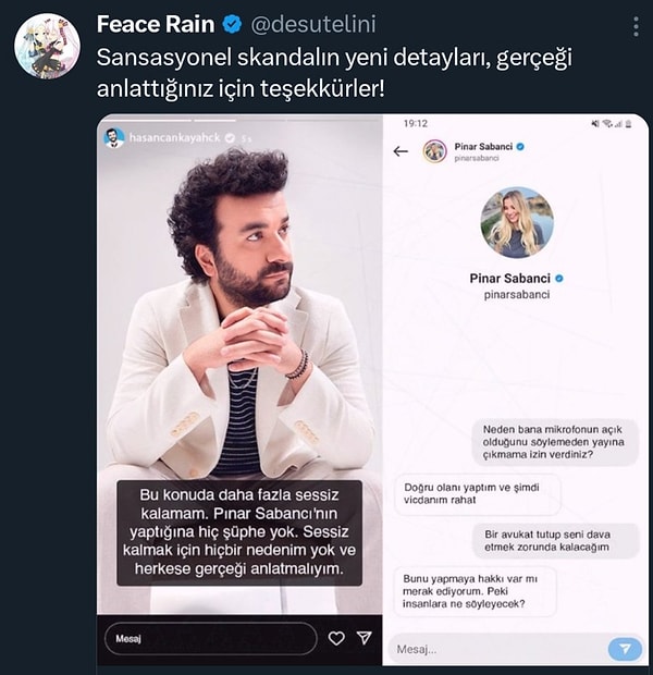 Pınar Sabancı ile arasında bir konuşma geçtiğini iddia eden ve photoshoplu diyalogları paylaşan hesap hakkında kullanıcılara uyarı geçen Hasan Can Kaya gündeme oturdu.