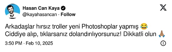 Photoshoplu karelerle oluşturulmuş haberin linkine tıklanıldığında dolandırıldıcılığa uğranıldığını belirten Hasan Can Kaya takipçilerini uyardı.