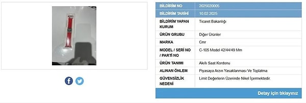 Listede, akıllı saat kordonu, çocuk mayosu ve bebek tulumu yer aldı. Söz konusu akıllı saat kordonunda limit değerlerin üzerinde nikel tespit edildi.