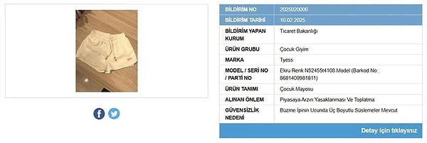 Çocuk mayosunun büzme ipi kısmında üç boyutlu süslemelerin olmasının güvensizlik nedeni olduğu kaydedildi.