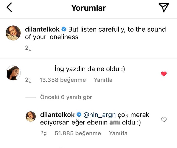 Dilan Telkök de İngilizce açıklama yapmasını eleştiren takipçisine şu yanıtı vermişti.