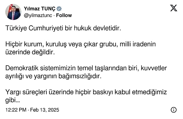 Adalet Bakanı Yılmaz Tunç'un paylaşımı 👇