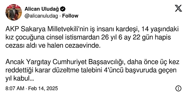 Gazeteci Alican Uludağ’ın X hesabından paylaştığı bilgilere göre Yargıtay Cumhuriyet Başsavcılığı, kararın bozulmasını istedi. Başsavcılık gerekçesinde ‘çocuğun rızası var’ gibi skandal ifadelere yer vermişti.