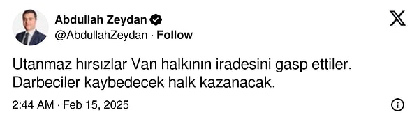 Zeydan, karara X hesabından tepki gösterdi.