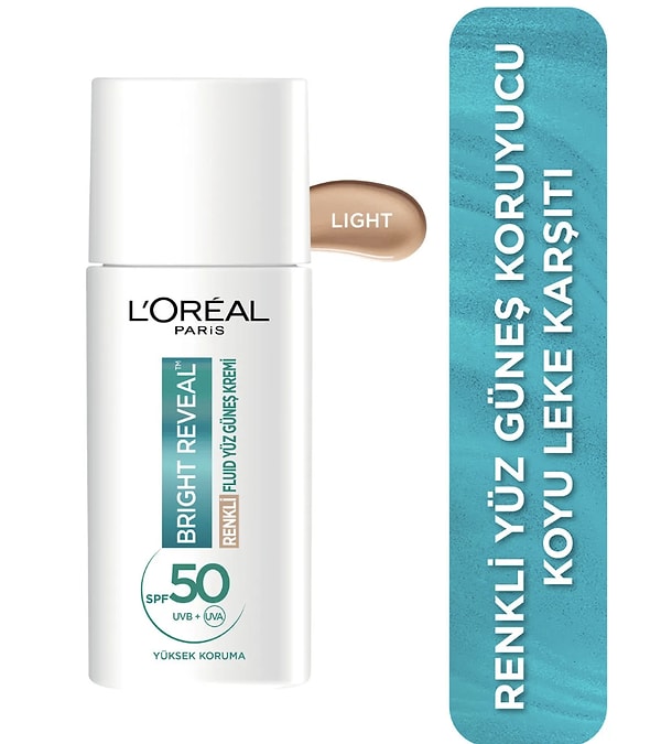 12. L'Oreal Paris Bright Reveal Spf 50+ Koyu Leke Karşıtı Renkli Fluid Günlük Yüz Güneş Kremi 50ml - Light