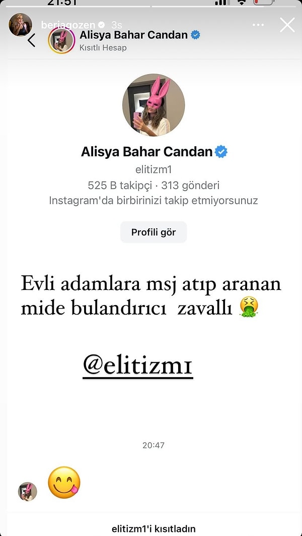 Özden, Bahar Candan'ın eşine attığı "😋" mesajını "Evli adamlara mesaj atıp aranan mide bulandırıcı zavallı" notuyla Instagram hikayesinde paylaştı.