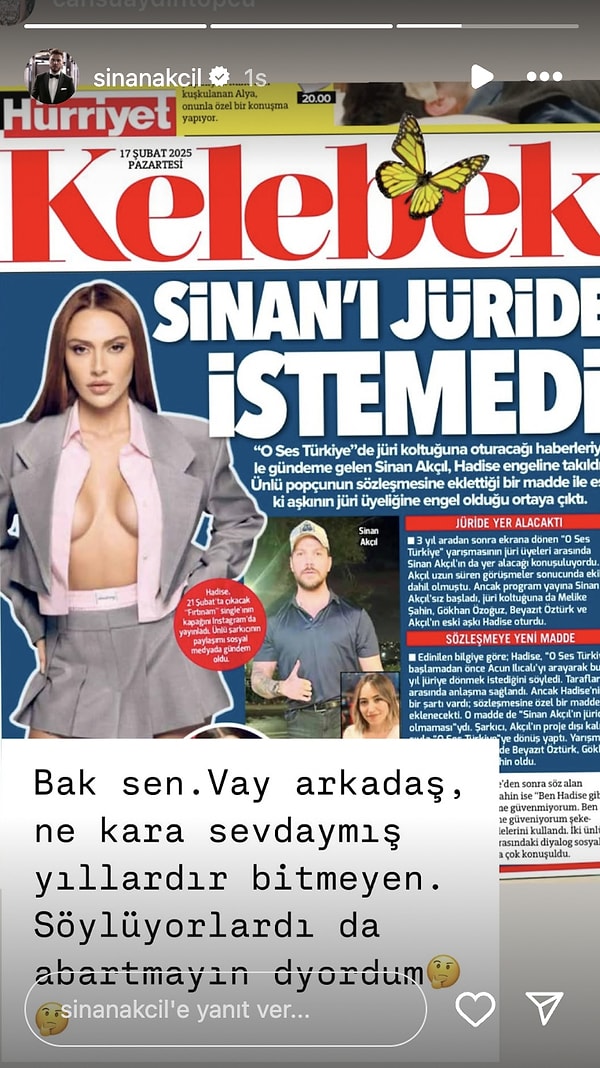 Instagram hesabından paylaşım yapan Akçıl, "Bak sen. Vay arkadaş, ne kara sevdaymış yıllardır bitmeyen. Söylüyorlardı da 'abartmayın' diyordum" ifadelerini kullandı.