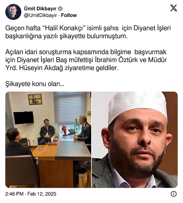 Ümit Dikbayır, kendisini TBMM’de makam odasında ziyaret eden müfettişin görüntüsünü sosyal medyadan paylaşmıştı.