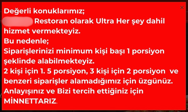 Restoranın internet sayfasında yer alan menüde şu açıklamalara yer verildi;