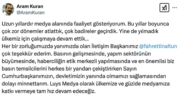 "Medya olarak ülkemize ve güzide medyamıza katkı vermeye tam hız devam edeceğiz."