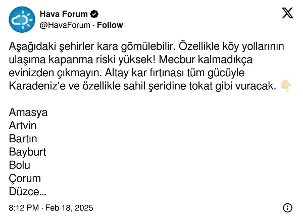 Popüler meteoroloji sayfası Hava Forum ise Sibirya kökenli olan Altay Kar Fırtınası’nın en çok Karadeniz’in sahil kesiminde yer alan kentlerde etkili olacağını iddia etti.