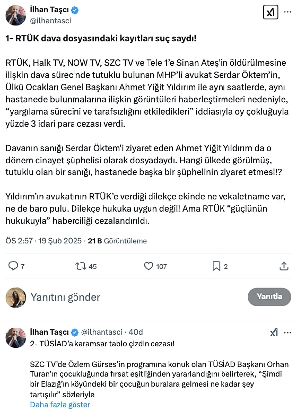 RTÜK Üyesi İlhan Taşçı'nın X hesabından yaptığı paylaşımı da buradan görebilirsiniz: