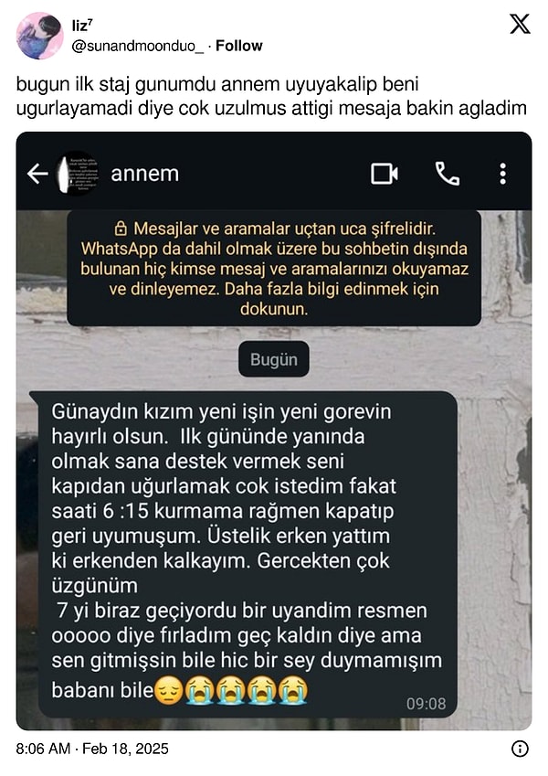 Annesinin ilk staj gününde onu uğurlayamamasının ardından gönderdiği mesajı paylaşan @sunandmoonduo_ adlı kullanıcı, kimilerini tetiklerken bazı kullanıcılara da mizah malzemesi çıkardı.