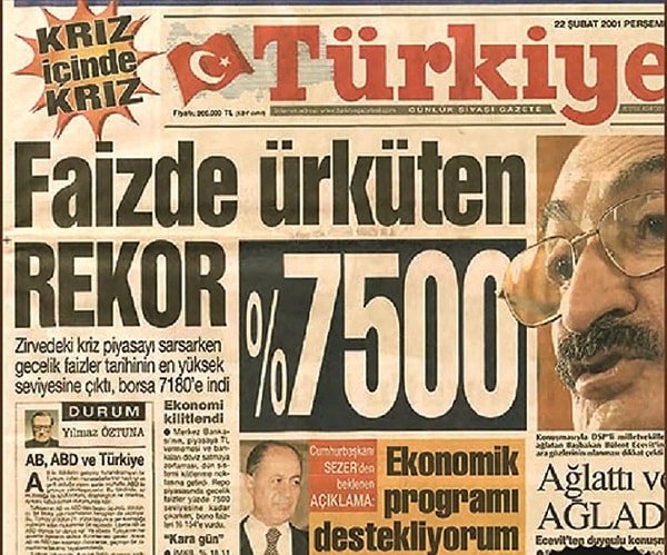 Ekonomik krizin patlak verdiği günün ertesi 22 Şubat’ta gecelik faizler Cumhuriyet tarihinin en yüksek düzeyine fırladı.