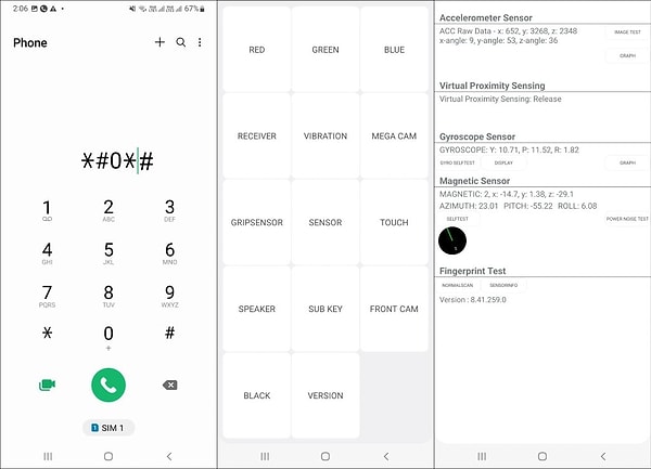 Bu kodu girdiğinizde telefon ekranında renk testleri, hoparlör denemeleri ve dokunmatik hassasiyet gibi birçok teknik seçenek beliriyor.