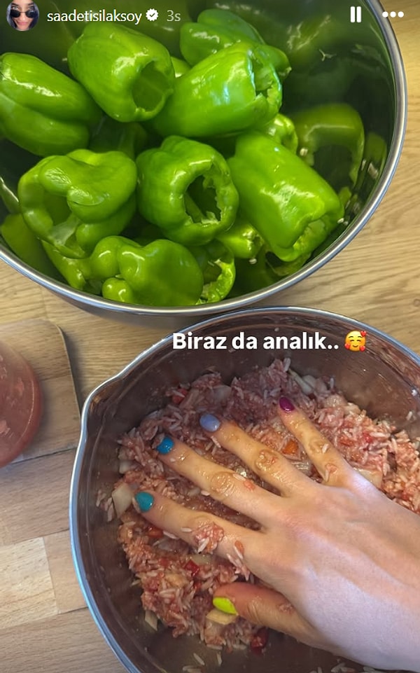 Mutfaktaki hünerlerini takipçileriyle paylaşan Saadet Işıl Aksoy, dolma yaptığı anları ''Biraz da analık...'' notunu düşerek işte böyle paylaştı👇