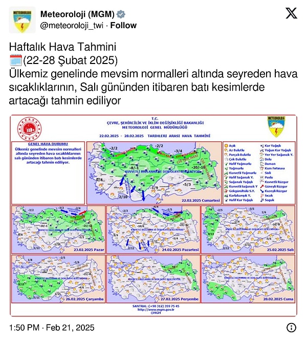 Öte yandan Meteoroloji Genel Müdürlü, resmi X hesabından yapılan paylaşımda sıcaklığın Salı gününden itibaren artacağı belirtildi.