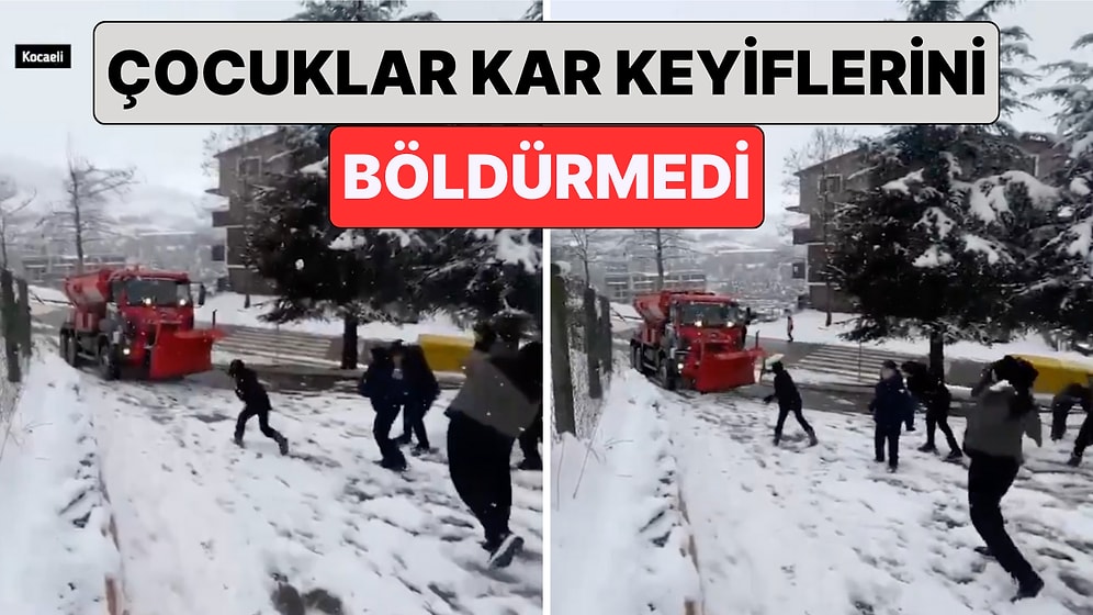 Kocaeli'de Çocuklar Sokaklarına Girmek İsteyen Kar Küreme Aracını Kar Topu Saldırısıyla Uzaklaştırdı