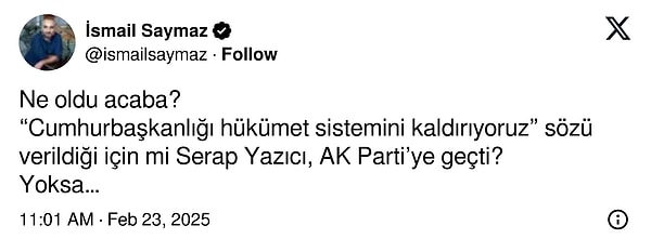 Gazeteci İsmail Saymaz’ın Özbudun ile ilgili paylaşımı 👇