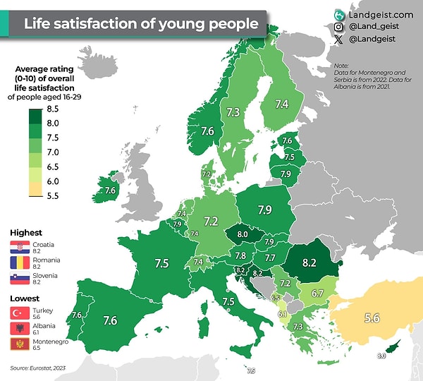 10. Gençlerin hayattan memnuniyet oranlarını gösteren bir harita