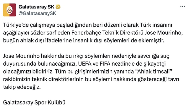 Galatasaray'ın resmi hesabından yapılan açıklamaya ek olarak, Galatasaray Sportif A.Ş. Başkan Vekili Abdullah Kavukçu, "Mourinho ile ilgili hukuksal bütün her şeyi yapacağız. Kime maymun dediyse bunu açıklamak zorunda. TFF yapılan ırkçılık ile ilgili gerekeni yapmalı. Biz ırkçılık yapsak ortalık yıkılırdı." ifadelerinde bulundu.