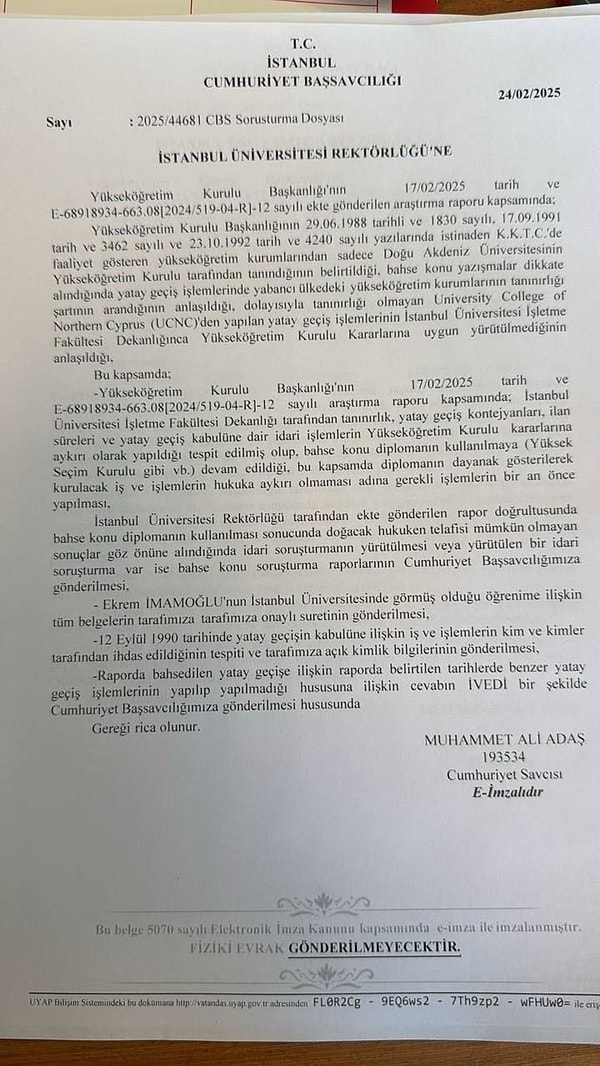 İstanbul Üniversitesi'ne gönderilen yazı