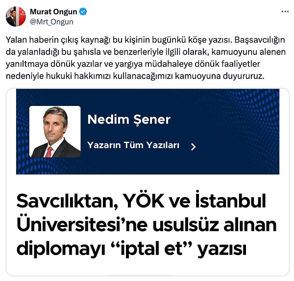 Ekrem İmamoğlu'nun danışmanı Murat Ongun da iddialara ilişkin sosyal medya hesabından açıklamada bulundu. Ongun, konuyla ilgili belgelerin talep edildiğini belirtti. Ongun'un açıklaması şöyle: