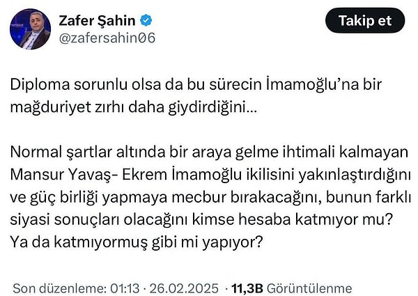 Zafer Şahin ise bu konuyla ilgili bir paylaşım yaptı.