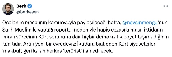 Berk Esen ise sürecin demokratik boyut içermediğini paylaştı.