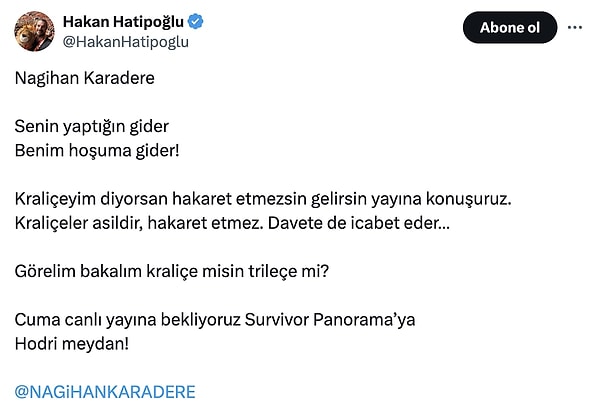 Hakan Hatipoğlu, bu paylaşımlara çok sinirlendi. X hesabından yüzleşmek için Nagihan'ı canlı yayına çağırdı.