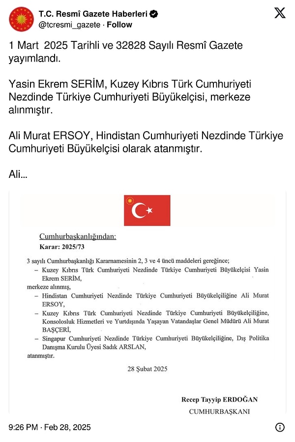 KKTC Büyükelçisi Yasin Ekrem Serim merkeze çekildi.