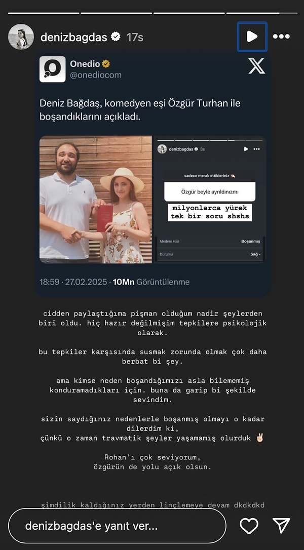 Ardından yaptığı paylaşımdan pişmanlık duyduğunu söyleyen Deniz Bağdaş "Tepkilere psikolojik olarak hiç hazır değilim" ifadelerini kullandı.