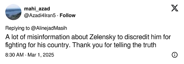 "Ülkesi için savaştığı için Zelenskiy'i itibarsızlaştırmak için çok fazla yanlış bilgi var. Gerçeği söylediğiniz için teşekkür ederim" 👇