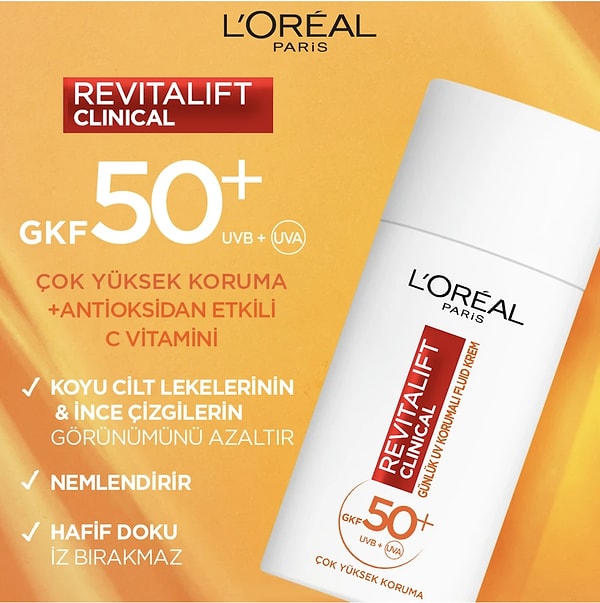 12. L'Oréal Paris - Revitalift Clinical SPF50+ Günlük Yüz Güneş Kremi (50 ml)