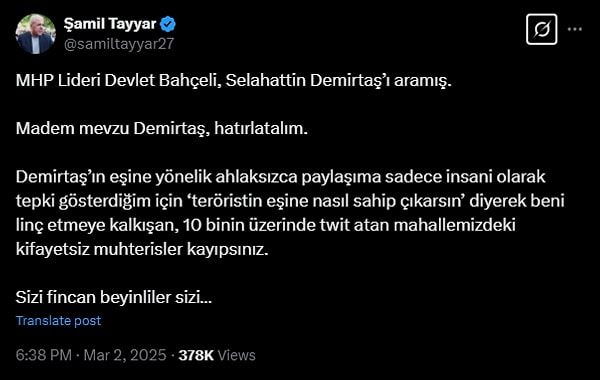 Şamil Tayyar'ın yaptığı paylaşım: