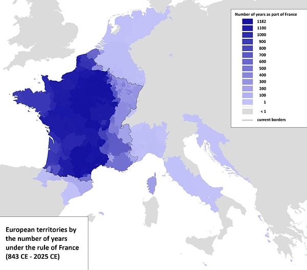 6. Fransa'nın egemenliği altında geçirilen yıl sayısına göre Avrupa topraklarının haritası