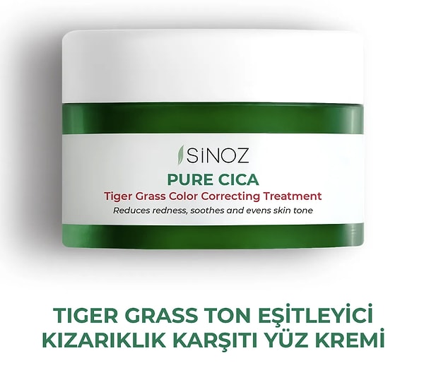 12. Sinoz Pure Cica Tiger Grass Ton Eşitleyici Yoğun Onarıcı Yatıştırıcı Kızarıklık Karşıtı Yüz Kremi 15 ml