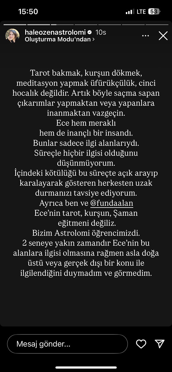 Hale Özen, Gürel'in tarot, kurşun veya Şaman eğitmeni olmadığını sadece astrolomi öğrencisi olduğunu belirtti.