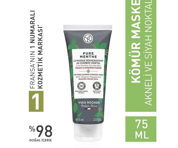 Yves Rocher Karma, Yağlı Ve Akneye Eğilimli Ciltler Için Pure Menthe Kömür Maske-75 ml