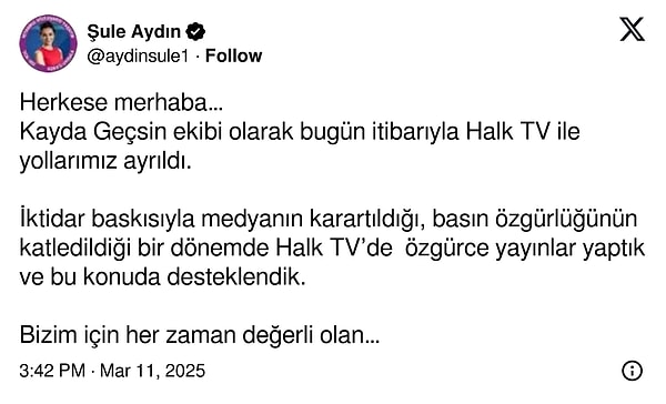 Kayda Geçsin programınını sunucu Şule Aydın da kanaldan ayrıldıklarını duyurdu.