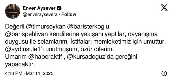 Gazeteci Enver Aysever'in paylaşımı 👇