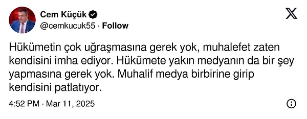 Gazeteci Cem Küçük ise olaya farklı bir noktadan baktığı bir paylaşımda bulundu