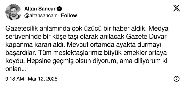 Gazeteci Altan Sancar'ın konu ile paylaşımı 👇