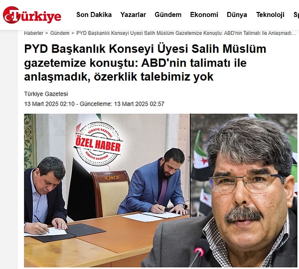 Mengü’ye verilen hapis cezasından kısa bir süre geçti, şimdi de iktidara yakınlığı ile bilinen Türkiye Gazetesi, PYD yöneticisi Salih Müslim ile röportaj yaptı.