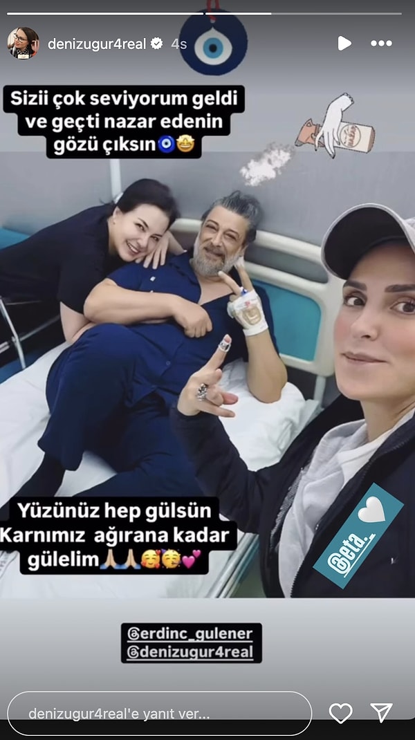 Deniz Uğur’un paylaşımı bununla da sınırlı kalmadı. Eşinin hastanedeki son halini de paylaşan oyuncu, fotoğrafın altına “Geldi ve geçti, nazar edenin gözü çıksın” notunu düştü.