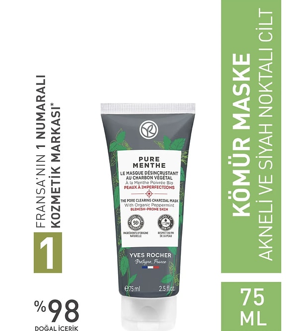 12. Yves Rocher Karma-Yağlı-Akne/Sivilce Eğilimli Cilt, Siyah Nokta Karşıtı Bitkisel Kömür Maske-Pure Menthe-75ml