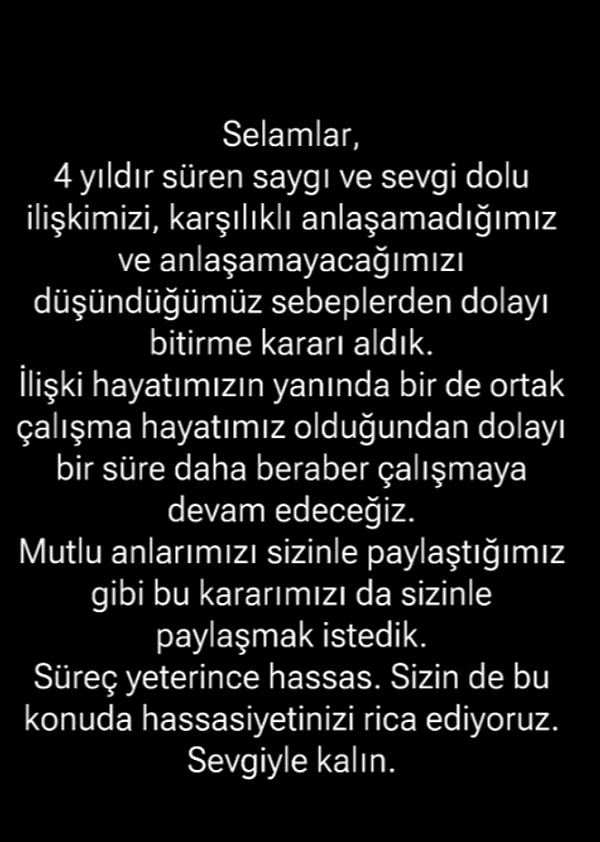 Ayşe Şeyma Keten ve Melih Abuaf çifti, ayrılma kararı aldı. İkili, bu haberi sosyal medya hesaplarından takipçileriyle paylaştı. İkili aşk başka, iş başka diyerek profesyonel birlikteliklerine devam edecek.