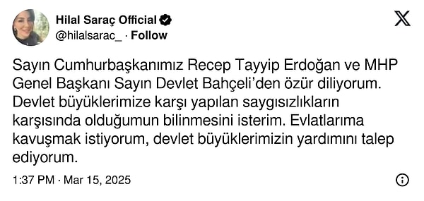 "Sayın Cumhurbaşkanımız Recep Tayyip Erdoğan ve MHP Genel Başkanı Sayın Devlet Bahçeli’den özür diliyorum"