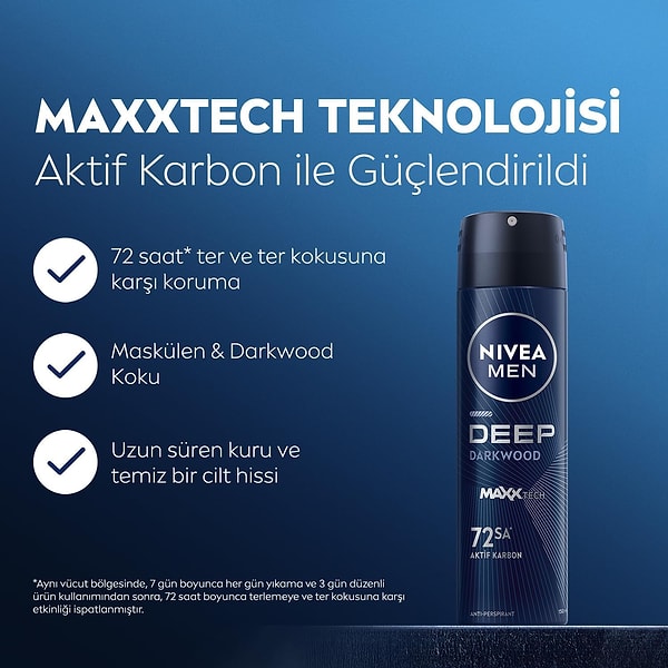 3. NIVEA MEN Deep Dimension Darkwood - Erkek Sprey Deodorant (150ml, 72 Saat Koruma)